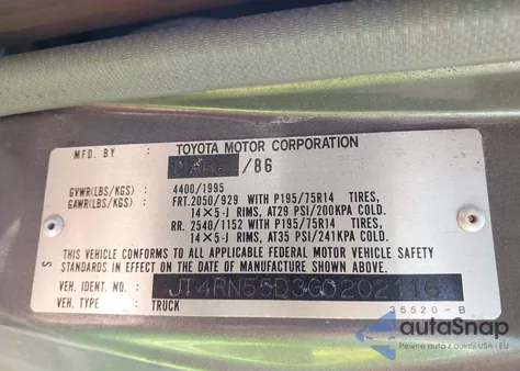 1986 Toyota Pickup 1/2 Ton Rn55 Dlx z USA, uszkodzony, nr VIN JT4RN55D3G0202116